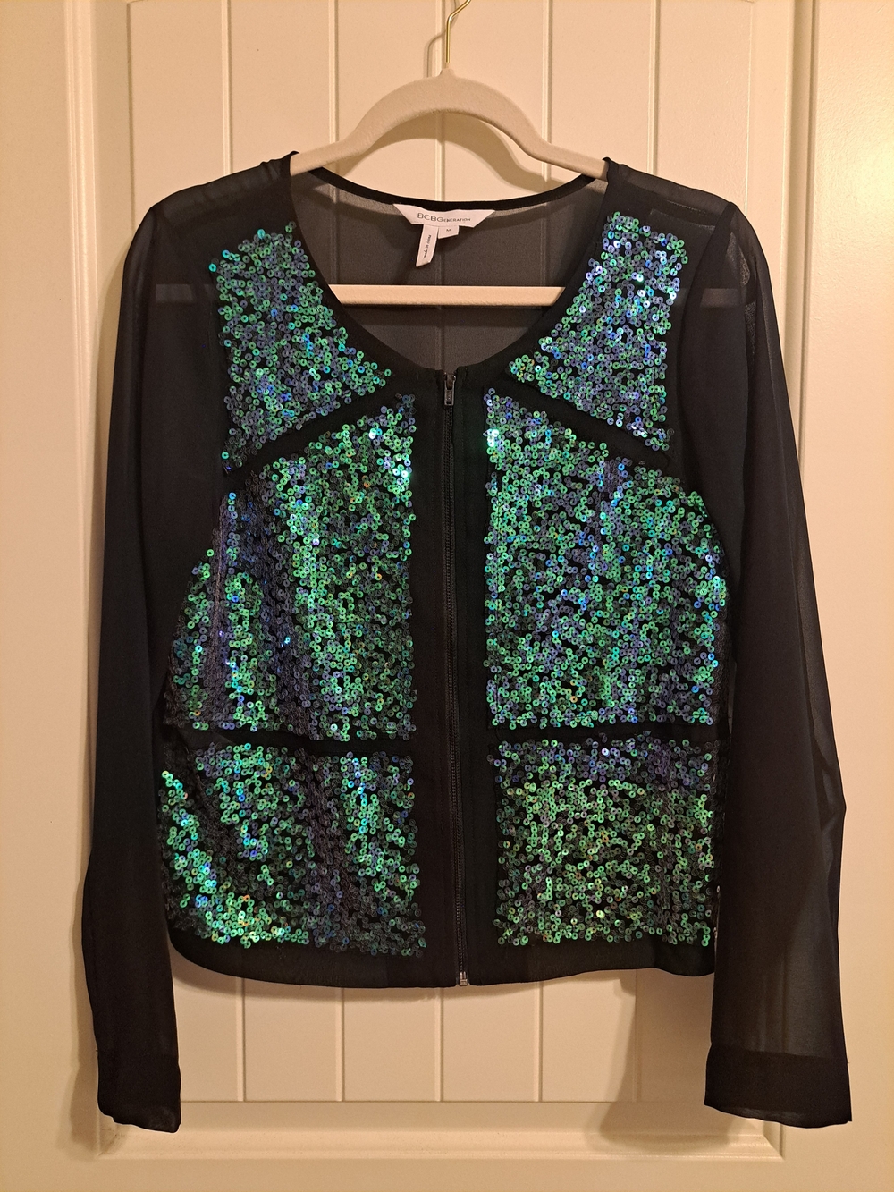 BCBGeneration Mermaid Sequin Sheer Bomber Jacket M - Picture 2 of 10